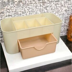 Makeup Organizer Tan Plastic Cosmetic Compartment Storage Box Pink Drawer